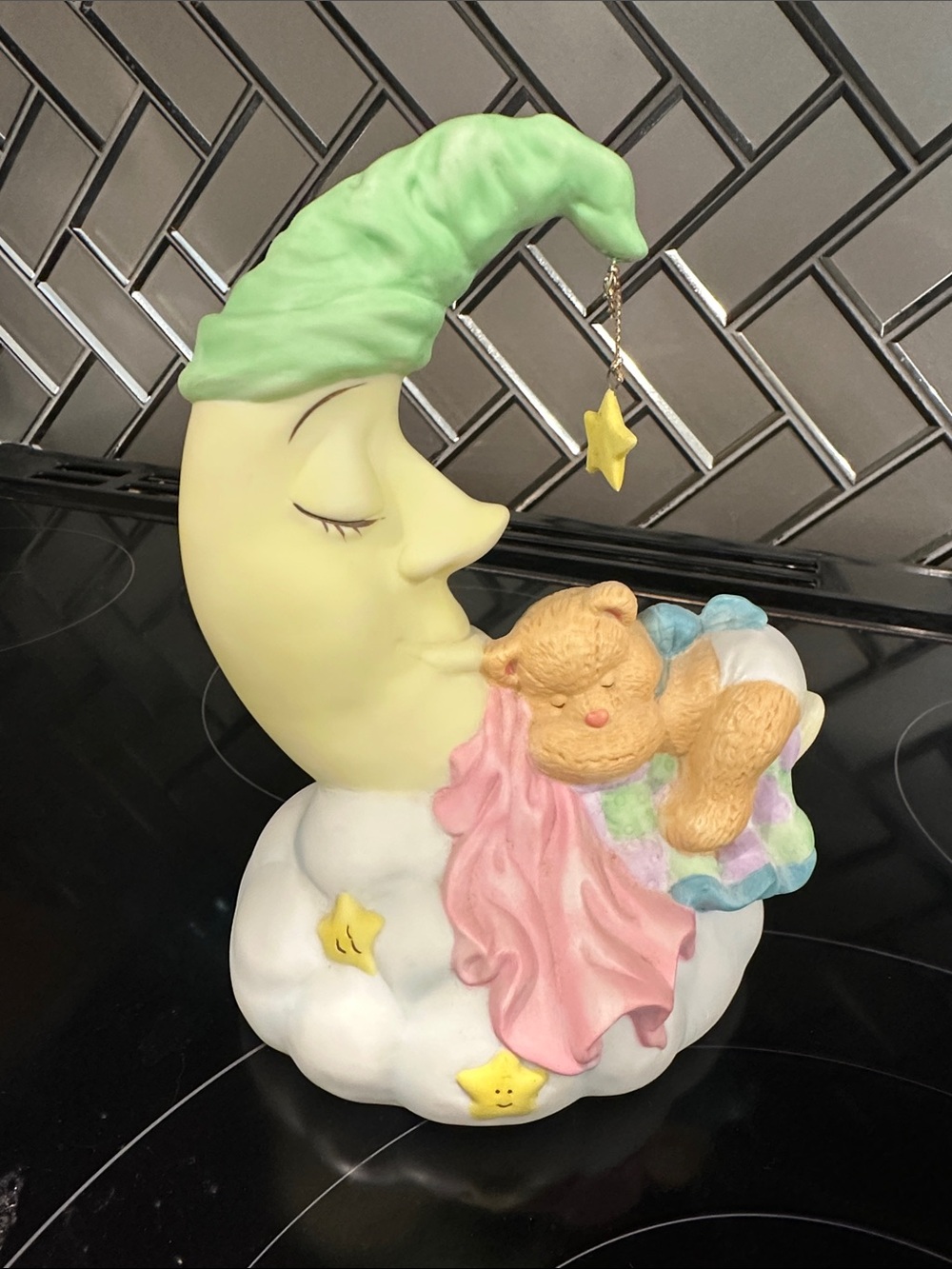 Nursery Moon & Bear Figurine - Pastel Decorative Accent